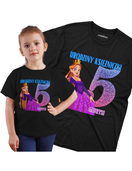 Koszulka Dziecięca "5 urodziny księżniczki + Twoje imię" Czarna | 100% Bawełna