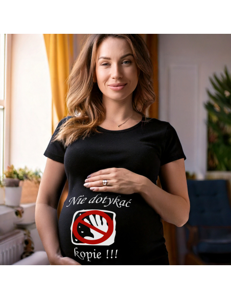 Koszulka ciążowa "Nie dotykać, kopie!" Czarna | Wysoka jakość