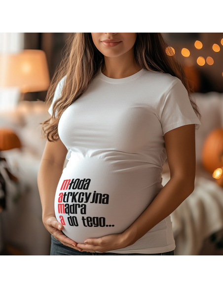 Koszulka ciążowa "Młoda, atrakcyjna, mądra, a do tego..." Czarna | Wysoka jakość