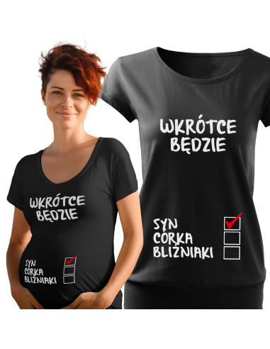 Koszulka ciążowa "W krotce będzie... Syn, córka, bliźniaki" Czarna | Wysoka jakość