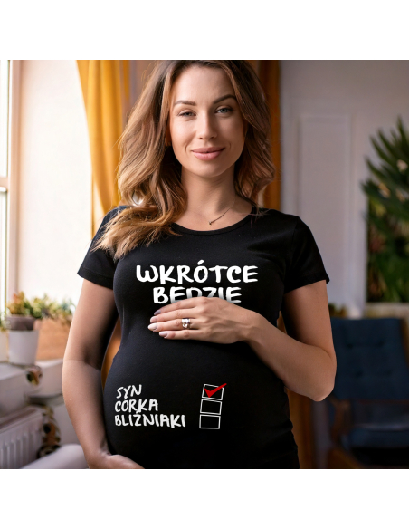 Koszulka ciążowa "W krotce będzie... Syn, córka, bliźniaki" Czarna | Wysoka jakość