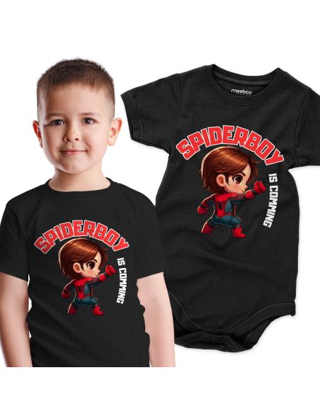 Body dziecięce "Spiderboy is coming" Czarne | Fanowski nadruk