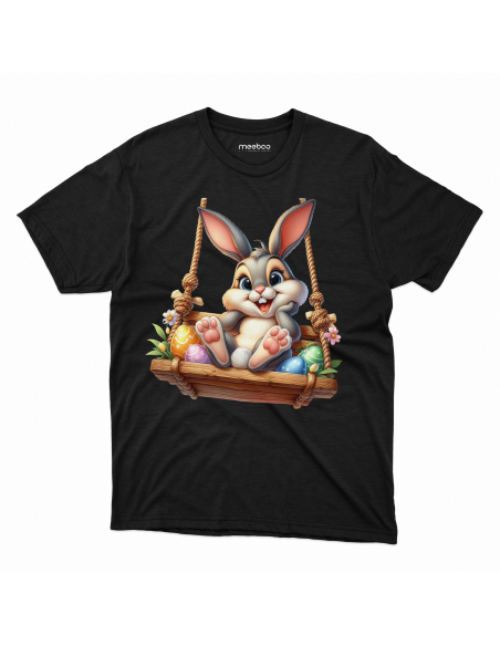 Koszulka Dziecięca "Króliczek wielkanocny na huśtawce" Czarna | 100% Bawełna