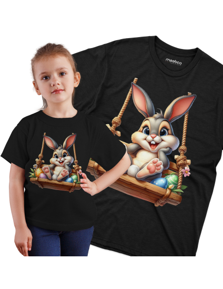Koszulka Dziecięca "Króliczek wielkanocny na huśtawce" Czarna | 100% Bawełna