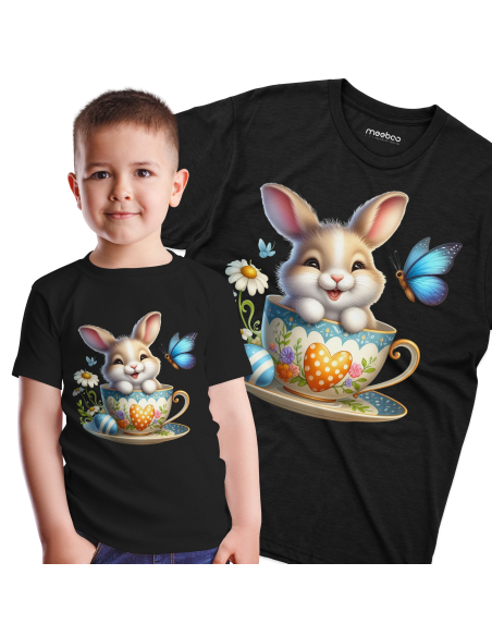 Koszulka Dziecięca "Króliczek wielkanocny w filiżance" Czarna | 100% Bawełna