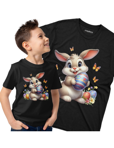 Koszulka Dziecięca "Króliczek wielkanocny z motylami" Czarna | 100% Bawełna