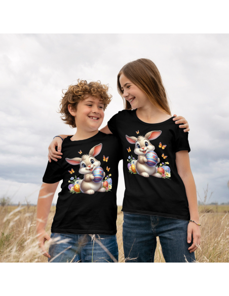 Koszulka Dziecięca "Króliczek wielkanocny z motylami" Czarna | 100% Bawełna