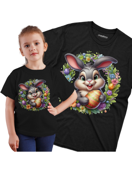 Koszulka Dziecięca "Króliczek wielkanocny w wieniec" Czarna | 100% Bawełna