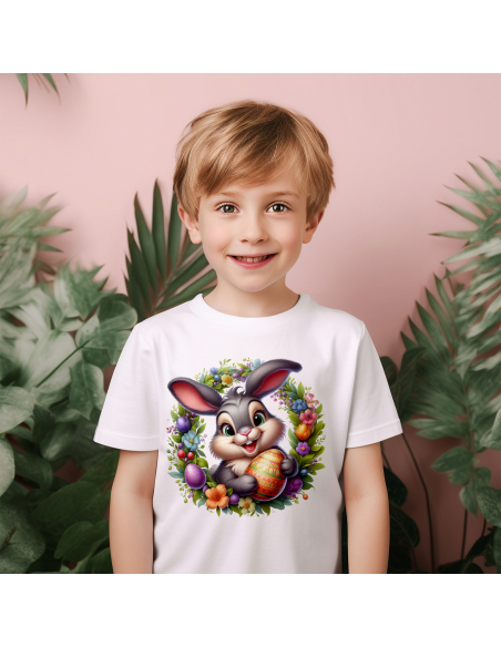 Koszulka Dziecięca "Króliczek wielkanocny w wieniec" Czarna | 100% Bawełna