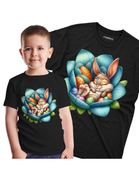 Koszulka Dziecięca "Śpiący króliczek wielkanocny" Czarna | 100% Bawełna