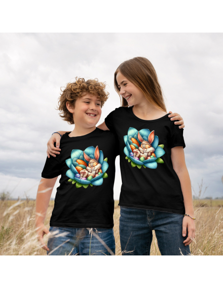 Koszulka Dziecięca "Śpiący króliczek wielkanocny" Czarna | 100% Bawełna