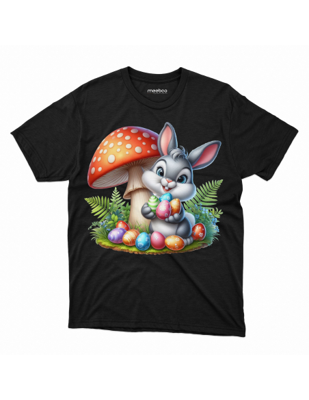 Koszulka Dziecięca "Króliczek wielkanocny z muchomorem" Czarna | 100% Bawełna
