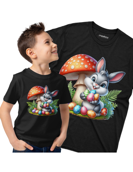 Koszulka Dziecięca "Króliczek wielkanocny z muchomorem" Czarna | 100% Bawełna