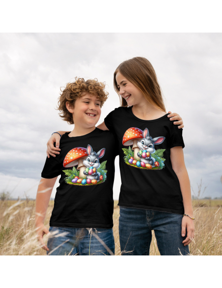 Koszulka Dziecięca "Króliczek wielkanocny z muchomorem" Czarna | 100% Bawełna