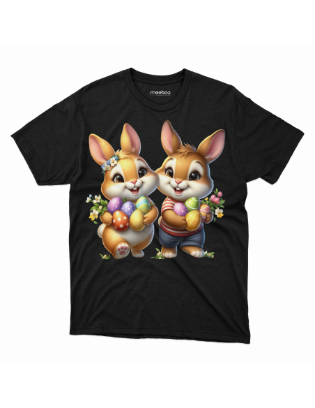 Koszulka Dziecięca "Króliczki wielkanocne z pisankami" Czarna | 100% Bawełna