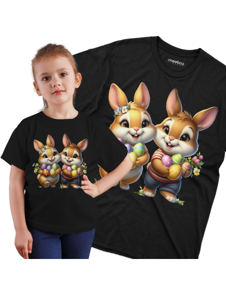 Koszulka Dziecięca "Króliczki wielkanocne z pisankami" Czarna | 100% Bawełna