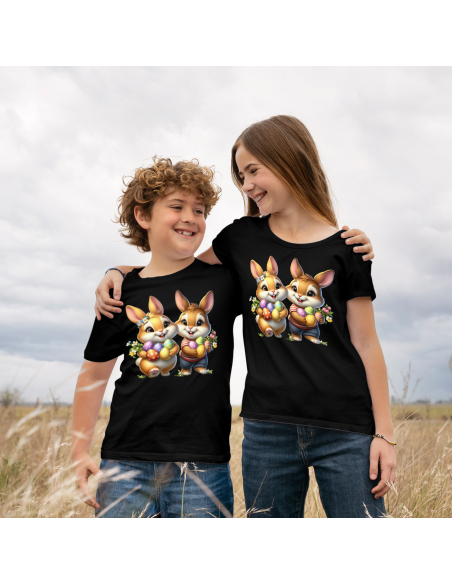 Koszulka Dziecięca "Króliczki wielkanocne z pisankami" Czarna | 100% Bawełna