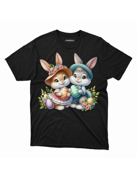 Koszulka Dziecięca "Króliczki wielkanocne w kapeluszach" Czarna | 100% Bawełna