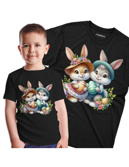 Koszulka Dziecięca "Króliczki wielkanocne w kapeluszach" Czarna | 100% Bawełna
