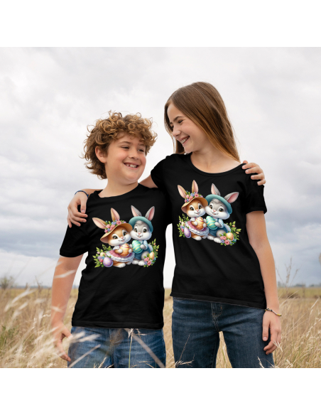 Koszulka Dziecięca "Króliczki wielkanocne w kapeluszach" Czarna | 100% Bawełna