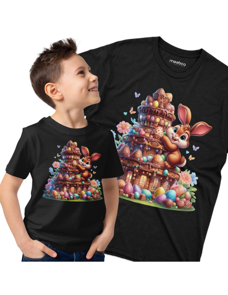 Koszulka Dziecięca "Króliczek wielkanocny z domkiem" Czarna | 100% Bawełna