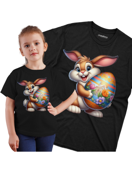 Koszulka Dziecięca "Króliczek wielkanocny z pisanką" Czarna | 100% Bawełna