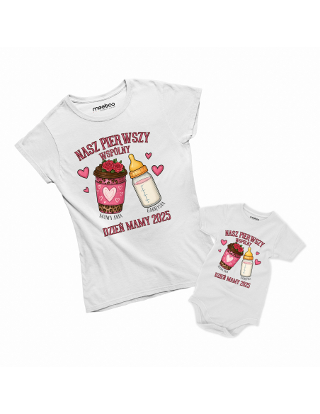 Zestaw koszulka damska + body dziecięce "Pierwszy wspólny dzień mamy" Różowa | Bawełna 100%