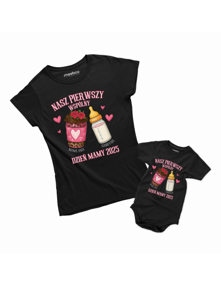 Zestaw koszulka damska + body dziecięce "Pierwszy wspólny dzień mamy" Różowa | Bawełna 100%