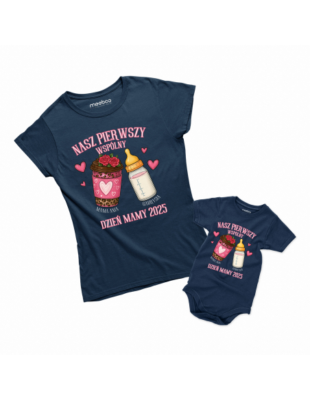 Zestaw koszulka damska + body dziecięce "Pierwszy wspólny dzień mamy" Różowa | Bawełna 100%
