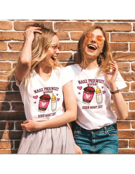 Zestaw koszulka damska + body dziecięce "Pierwszy wspólny dzień mamy" Różowa | Bawełna 100%