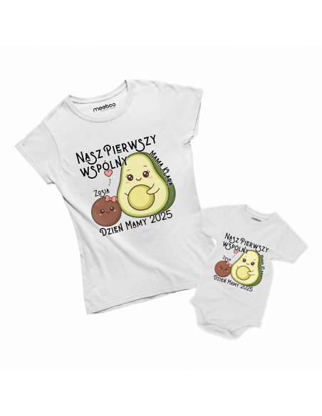 Zestaw koszulka damska + body dziecięce "Awokado pierwszy wspólny dzień mamy + Imię" Różowa | Bawełna 100%