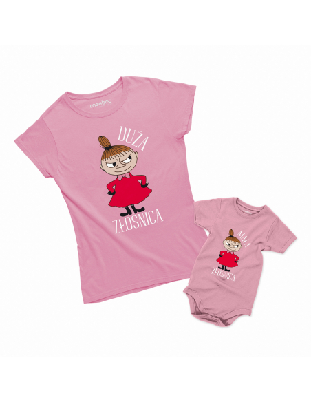 Zestaw koszulka damska + koszulka lub body dziecięce "Duża / Mała Złośnica" Różowa | 100% Bawełna