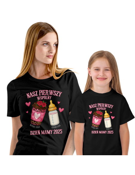 Zestaw koszulka damska + body dziecięce "Pierwszy wspólny dzień mamy" Różowa | Bawełna 100%