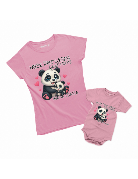 Zestaw koszulka damska + body dziecięce "Pierwszy wspólny dzień mamy + Imię" Różowa | Bawełna 100%