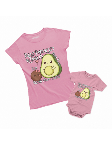 Zestaw koszulka damska + body dziecięce "Awokado pierwszy wspólny dzień mamy + Imię" Różowa | Bawełna 100%