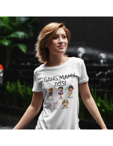 Koszulka Damska "Gang mamy + Twoje imię" Czarna | 100% Bawełna