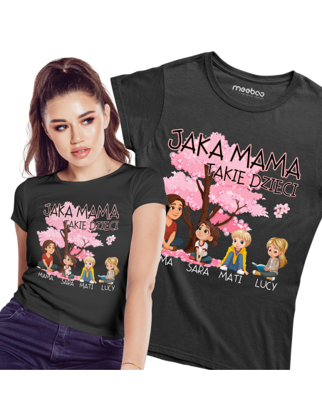 Koszulka Damska "Jaka mama takie dzieci + Imiona" Czarna | 100% Bawełna