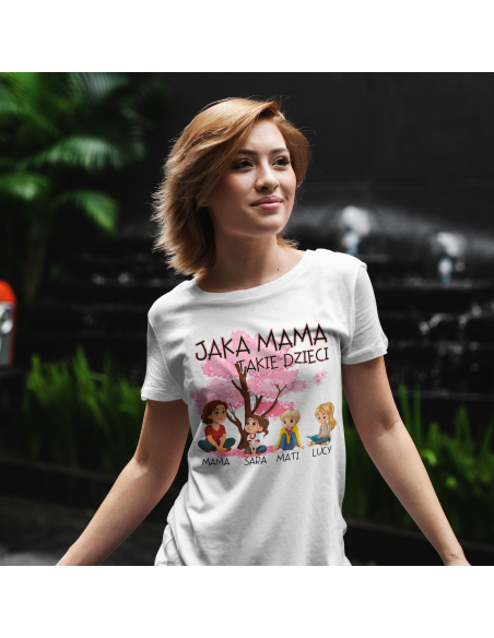 Koszulka Damska "Jaka mama takie dzieci + Imiona" Czarna | 100% Bawełna