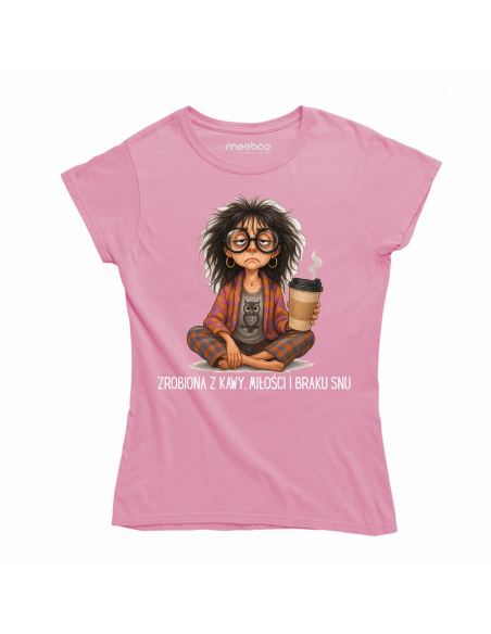 Koszulka Damska "Zrobiona z kawy, miłości i braku snu" Czarna | 100% Bawełna