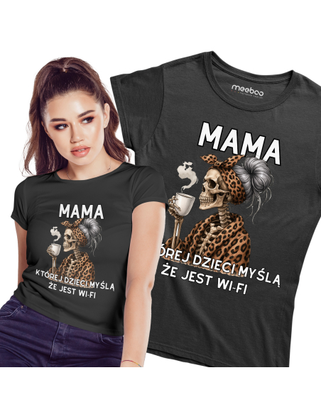 Koszulka Damska "Mama, której dzieci myślą, że jest wi-fi" Czarna | 100% Bawełna