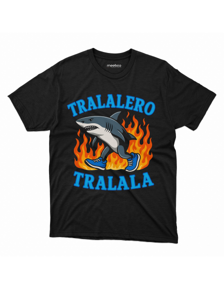 Koszulka Dziecięca "Tralalero Tralala w płomieniach" Czarna | 100% Bawełna