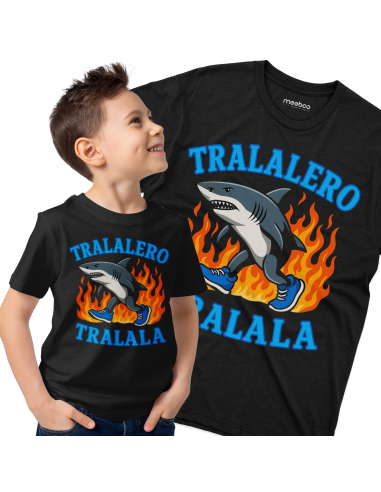 Koszulka Dziecięca "Tralalero Tralala w płomieniach" Czarna | 100% Bawełna