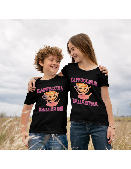 Koszulka Dziecięca BrainRot "Cappuccina Ballerina" Czarna | 100% Bawełna