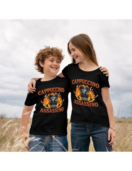 Koszulka Dziecięca BrainRot "Cappuccino Assassino" Czarna | 100% Bawełna