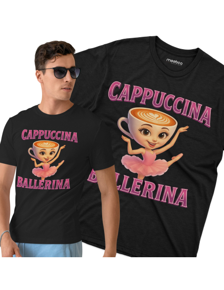 Koszulka Męska BrainRot "Cappuccina Ballerina" Czarna | 100% Bawełna