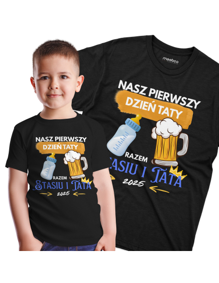 Koszulka Dziecięca "Nasz pierwszy dzień taty + Imię" Czarna | 100% Bawełna