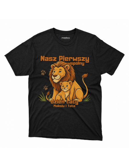 Koszulka Dziecięca "Lwy - Pierwszy wspólny dzień taty + Imię" Czarna | 100% Bawełna