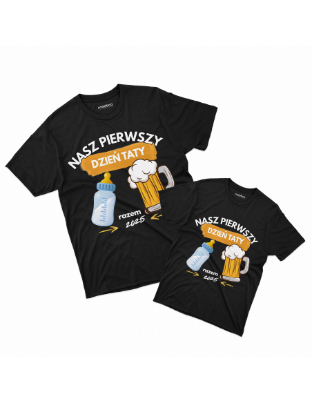 Zestaw koszulka męska + koszulka dziecięca "Nasz pierwszy dzień taty 2025" Czarna | 100% Bawełna