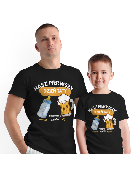 Zestaw koszulka męska + koszulka dziecięca "Nasz pierwszy dzień taty 2025" Czarna | 100% Bawełna