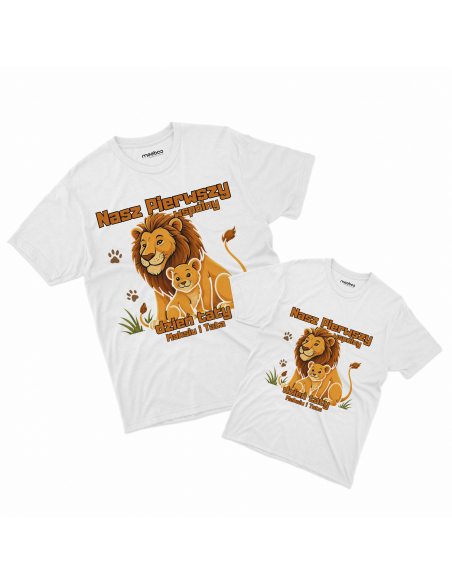 Zestaw koszulka męska + koszulka dziecięca "Lwy - Nasz pierwszy wspólny dzień taty + Imię" Czarna | 100% Bawełna